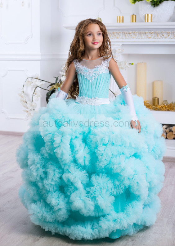 White Lace Turquoise Tulle Cloud Ruffles Flower Girl Dress